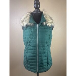 Chico's Green Quilted Puffer Vest With Removable Faux Fur Collar Size Small